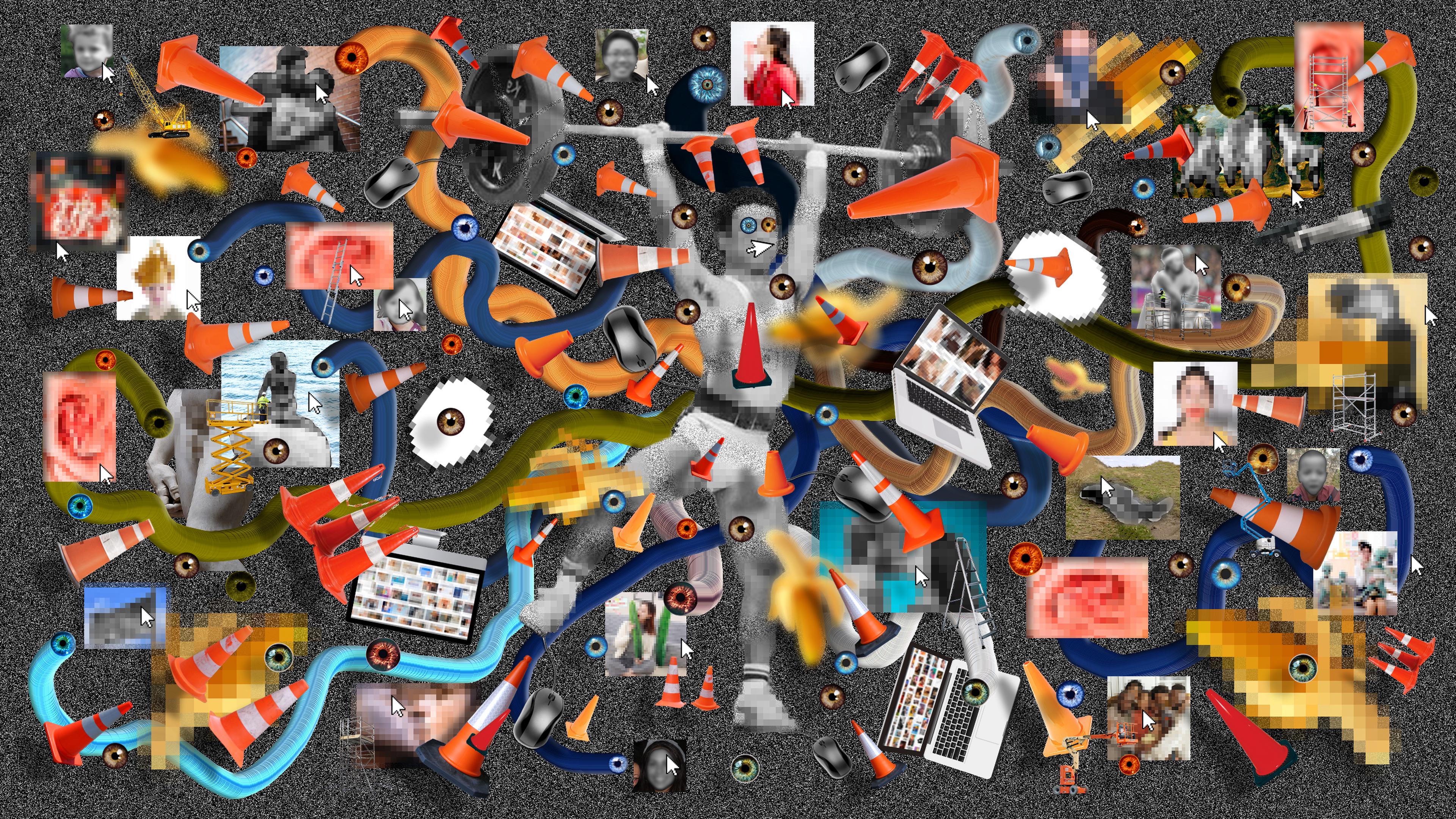 Collage depicting human-AI collaboration in content moderation. Multiple arms, screens, computer cursors and eyes highlight the extensive human labor involved.