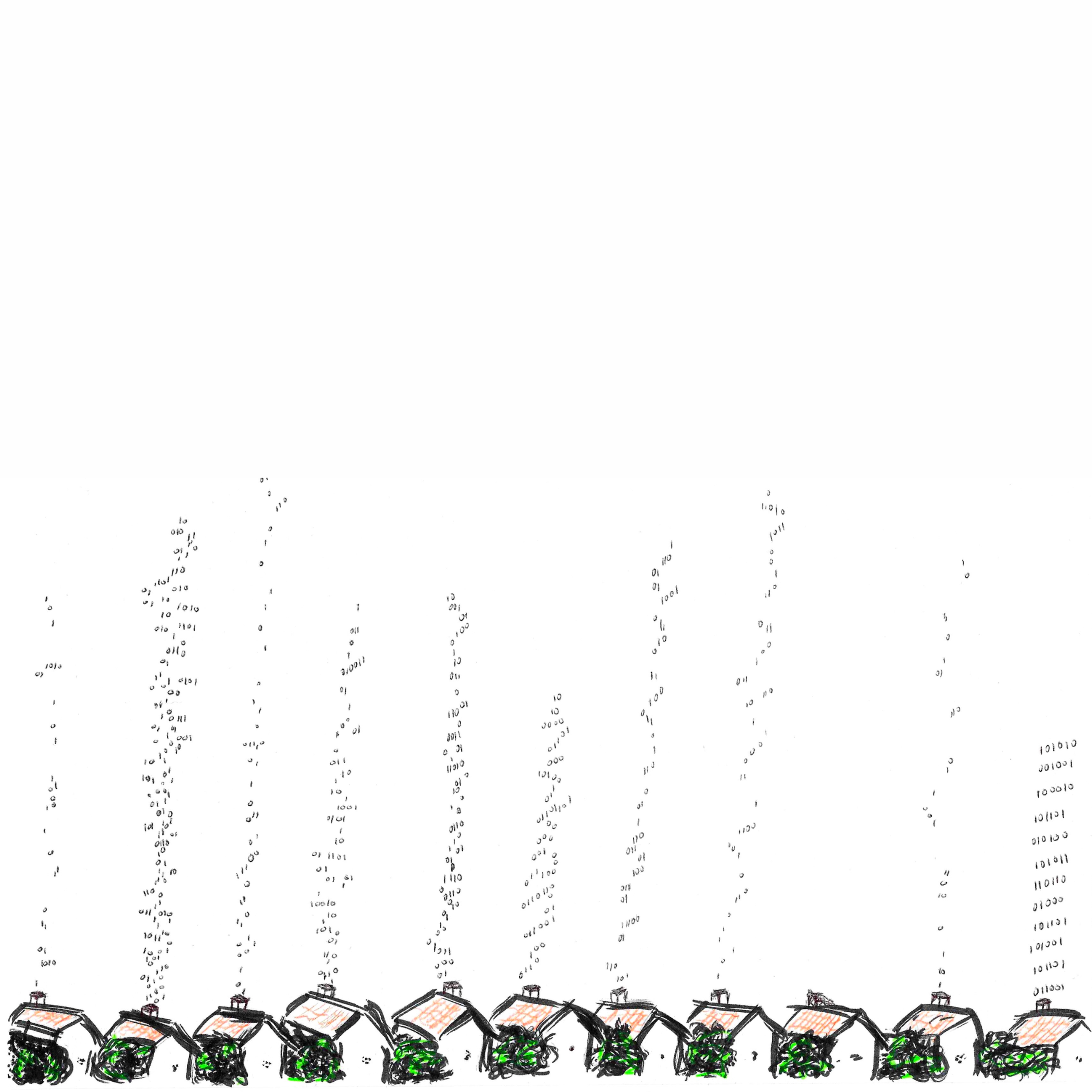 A hand drawn sketch in coloured pens depicts a small uniform row of houses at the bottom of the picture. From each of the houses, 0s and 1s representing digital data are floating up in plumes which look like smoke from the chimneys of the houses; but these are not uniform, therefore representing the different types of data from each house.